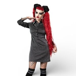 Killstar Diana Mini Dress S Shimmering Black Long Sleeve Button Front Goth NWT